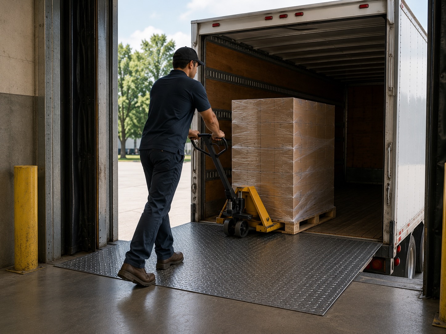 A shrink-wrapped pallet staged at a loading dock