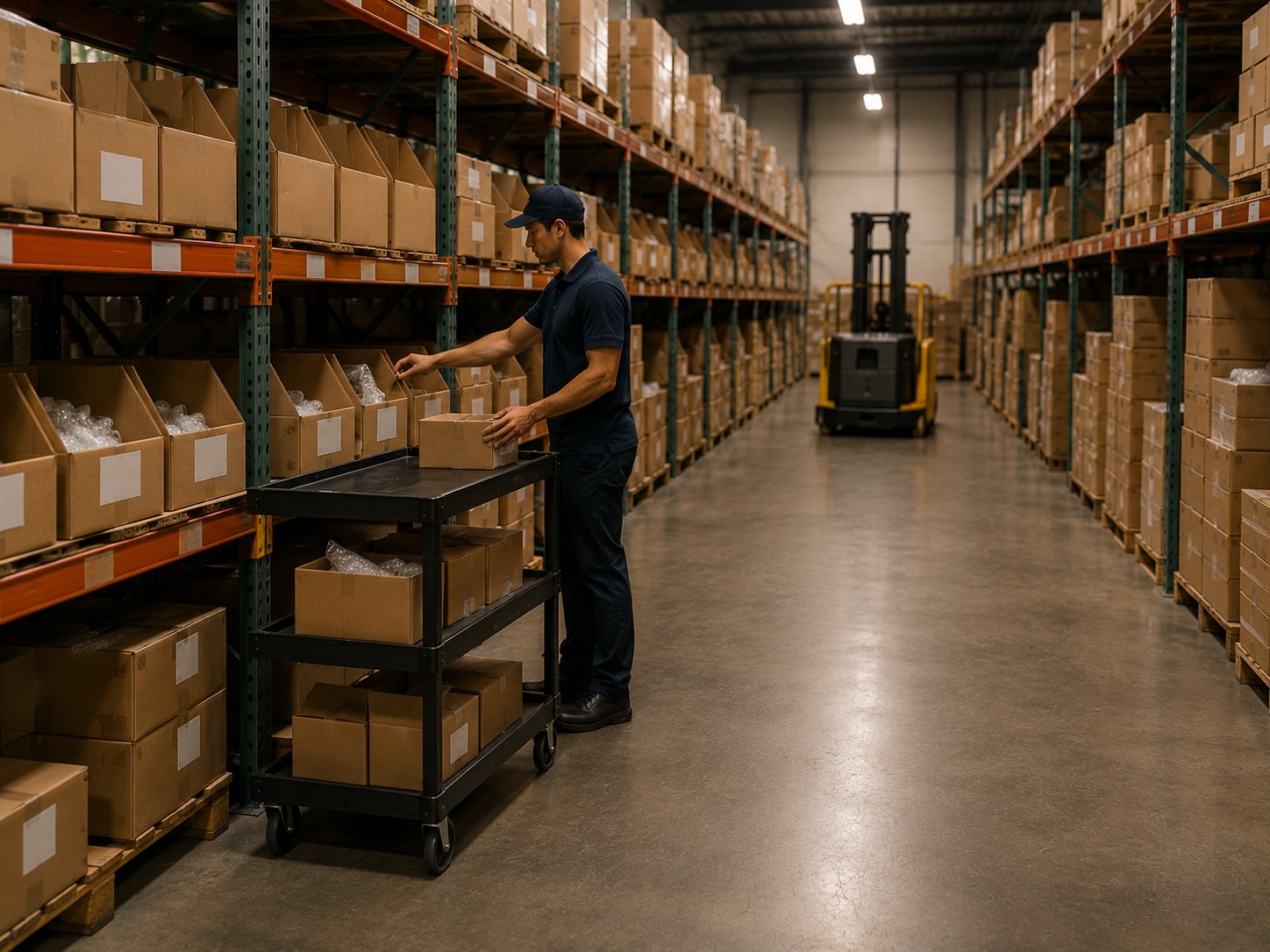 Warehouse shelving with labeled bins and a picking cart